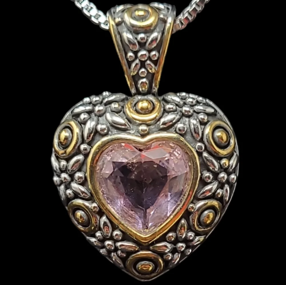HEART PENDANT WITH HEART SHAPED PINK JEWEL - GOLDTONE AND SIKVERTONE NEC…